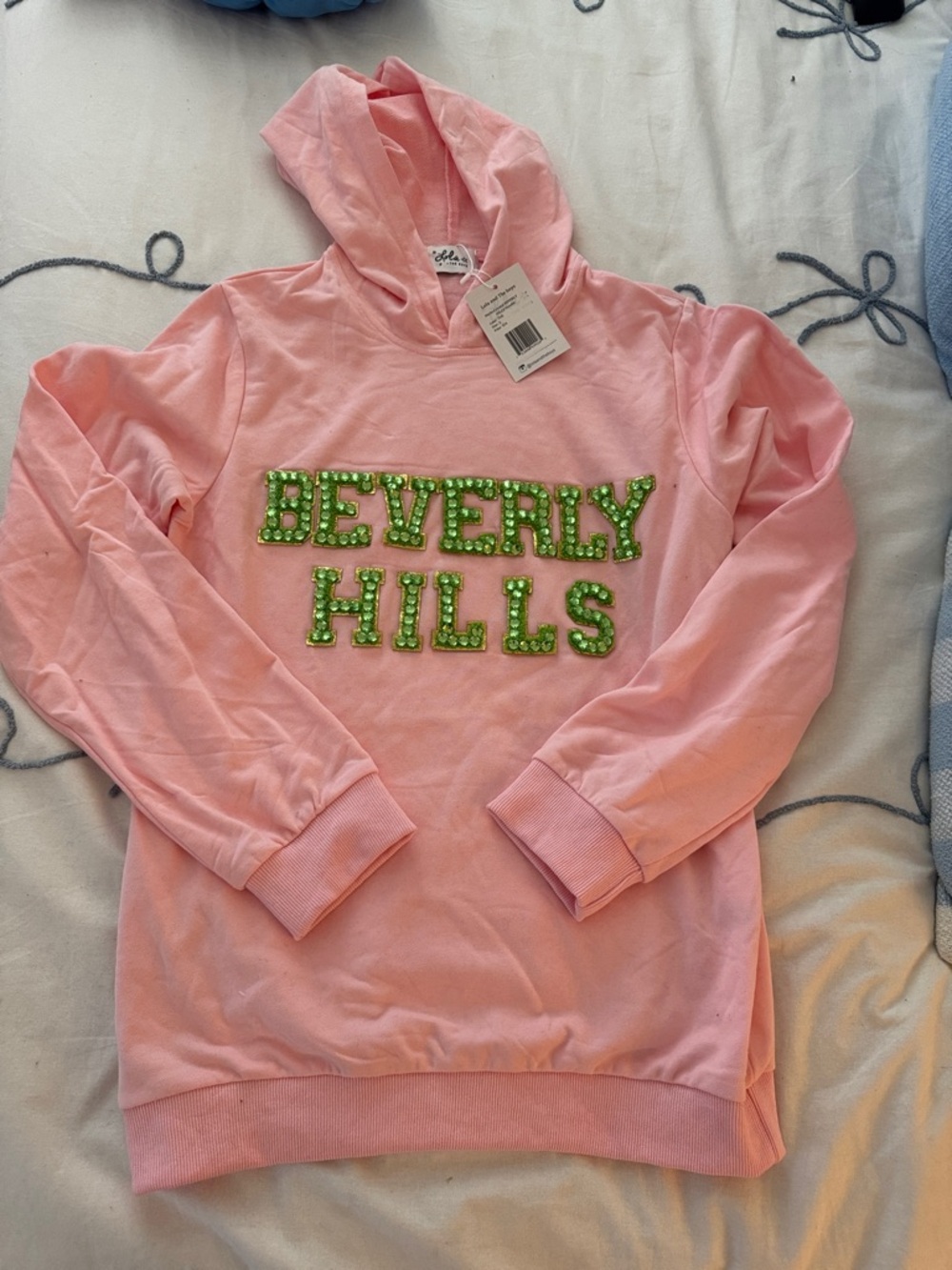 Lola + The Boys Pink Hoodie with Green Beverly Hills Embellishment